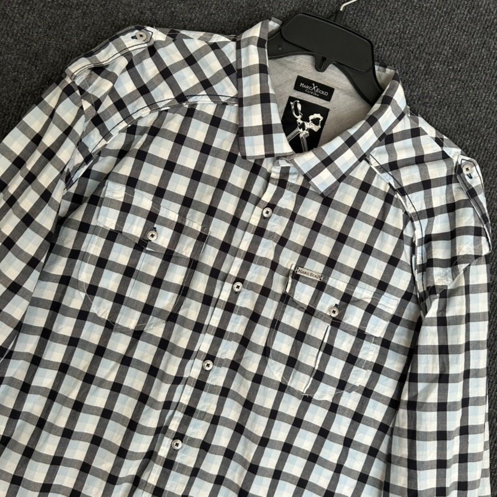 Marc Ecko Cut & Sew Men's 3XL Shirt Long Sleeve Button Down Black Blue Plaid